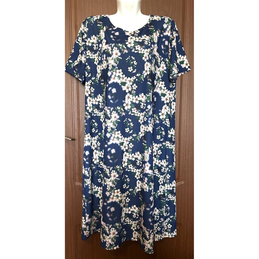 Womens M Navy Blue Floral Print Soft Knit House Dress Short Sleeve Casual  Dress